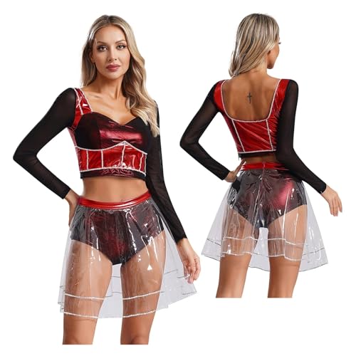 PSNKLMM Musikkostüm, Musical-Theater, Tanz-Outfits for Damen, langärmelig, Crop-Top mit Rock, Kostüm(Red,XL) von PSNKLMM