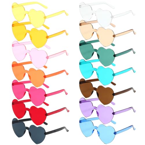 PSOWQ Randlose Herz-Sonnenbrille, 14 Stück, bonbonfarbene, klare Gläser, Herz-Sonnenbrille, Junggesellinnenabschiedsgeschenke – 14 Farben von PSOWQ