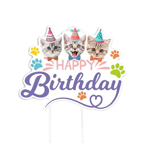 Katze Kuchen Topper, Happy Birthday Tortendeko, Cake Topper Geburtstag Kuchen Deko für Katze Haustier Geburtstagspartie Tortendeko, 17,8 cm von PT Haahoos