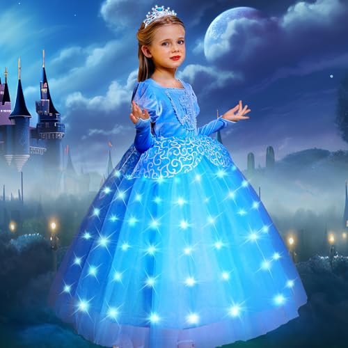 PTAYLTZX Light Up Prinzessin Kleid Mädchen Kleinkind Blau Prinzessin Kostüm Kinder Halloween Cosplay Prinzessin Kleid (Blau, 10-11 Jahre) von PTAYLTZX