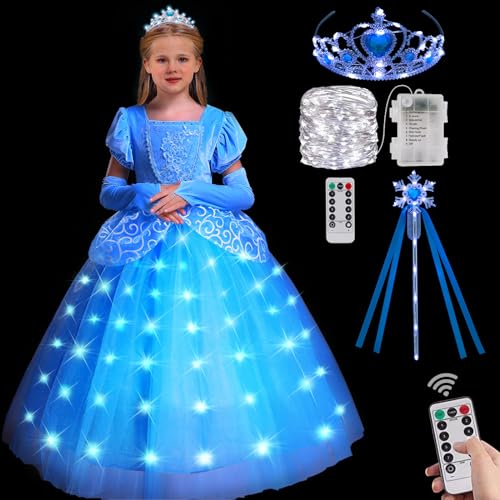 PTAYLTZX Light Up Prinzessin Kleid Mädchen Kleinkind Blau Prinzessin Kostüm Kinder Halloween Cosplay Prinzessin Kleid (Blau mit Accessoires, 3-4 Jahre) von PTAYLTZX