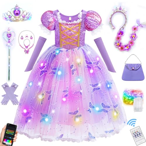 PTAYLTZX Light Up Prinzessinnenkleider für Mädchen Kleinkind Halloween Geburtstag Party Mädchen Kostüm mit Zubehör (RGB Lila, 8-9 Jahre) von PTAYLTZX
