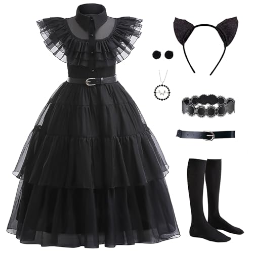 PTAYLTZX Mittwoch Kleid für Kinder Mädchen, Addams Family Cosplay Outfit Gothic Kostüme für Halloween, Familienfeier, Geburtstag (Schwarz, 8-9 Jahre) von PTAYLTZX