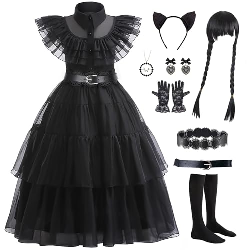 PTAYLTZX Mittwoch Kleid für Kinder Mädchen, Addams Family Cosplay Outfit Gothic Kostüme für Halloween, Familienfeier, Geburtstag (Schwarzes Upgrade, 11-12 Jahre) von PTAYLTZX