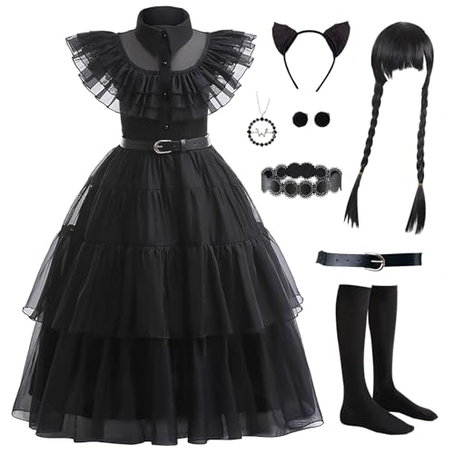 PTAYLTZX Mittwoch Kleid für Kinder Mädchen, Addams Family Cosplay Outfit Gothic Kostüme für Halloween, Familienfeier, Geburtstag (Schwarzes Upgrade, 3-4 Jahre) von PTAYLTZX