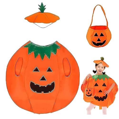 Halloween-Kürbis-Kostüm,Halloween Kostüm,1 Set Halloween Kürbis Kostüm, mit Kürbis Hut,1 x Kürbis Tasche,für Halloween Party Cosplay Party Kleidung Mit Mütze (Kinder) von PTBWS