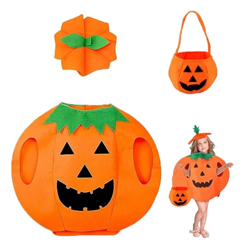 Halloween Kürbis Kostüm,Kürbiskostüm Halloween,Kürbis Kostüm kinder,mit Kürbiskorb und Hut, für Pumpkin Halloween Cosplay Party Kleidung (A) von PTBWS