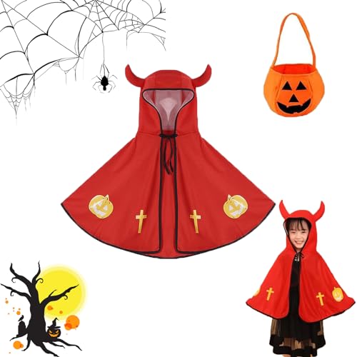 Kinder Halloween Kostüm,Halloween Umhang Cape, mit Ox Horn Mit Kapuze Mantel,Kürbis Candy Bag,Kostüm für Kinder Teufelkostüm,Wizard Cape,für Jungen Mädchen Cosplay Party (A) von PTBWS