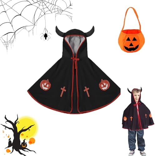 Kinder Halloween Kostüm,Halloween Umhang Cape, mit Ox Horn Mit Kapuze Mantel,Kürbis Candy Bag,Kostüm für Kinder Teufelkostüm,Wizard Cape,für Jungen Mädchen Cosplay Party (B) von PTBWS