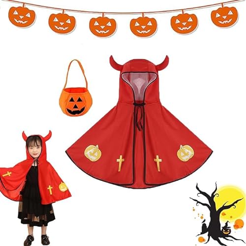 PTBWS Kinder Halloween Kostüm,mit Ox Horn Mit Kapuze Mantel,Halloween Umhang Und Kürbis Candy Bag,Wizard Cape,für Halloween Kostüme Cosplay Verkleidung für Jungen Mädchen (Rot) von PTBWS