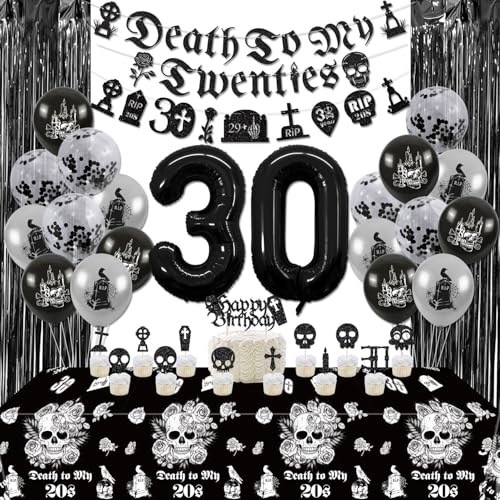 30. Geburtstag Dekorationen - Death To My 20s Dekorationen einschließlich Banner, Schädel Tischdecke, Nummer 30 Ballon, schwarze Fransen Vorhang für Halloween Geburtstag Party Dekorationen 30. Geburtstag Dekorationen - Death To My 20s Dekorationen einschließlich Banner, Schädel Tischdecke, Nummer 30 Ballon, schwarze Fransen Vorhang für Halloween Geburtstag Party Dekorationen von PTECDROTS