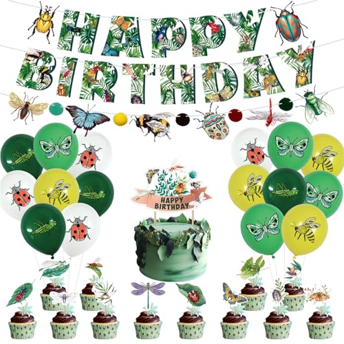 Bug Party Dekorationen - Einschließlich Insekten Thema Luftballons, Happy Birthday Banner, Cake Topper für Frühling Sommer Safari Biene Schmetterling Party Supplies Bug Party Dekorationen - Einschließlich Insekten Thema Luftballons, Happy Birthday Banner, Cake Topper für Frühling Sommer Safari Biene Schmetterling Party Supplies von PTECDROTS