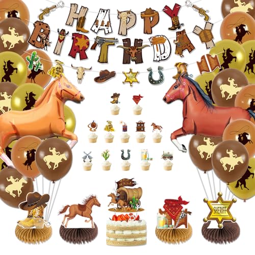 Cowboy Party Dekorationen - Cowboy Happy Birthday Banner, Cowboy Luftballons, Pferdeballons, Cowboy Tischdecke, Cupcake Toppers, Waben Centerpieces für Cowboy Geburtstag Dekorationen Zubehör von PTECDROTS