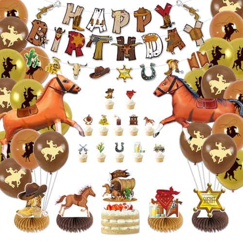 Cowboy Party Dekorationen - Cowboy Happy Birthday Banner, Cowboy Luftballons, Pferdeballons, Cowboy Tischdecke, Cupcake Toppers, Waben Centerpieces für Cowboy Geburtstag Dekorationen Zubehör von PTECDROTS