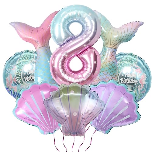 8 Stück Meerjungfrau-Party-Dekorationen, Luftballons – großer Ballon mit der Zahl 8, Folien-Meerjungfrauenschwanz-Luftballons, Muschel-Luftballons, runde Luftballons für Kinder von PTECDROTS