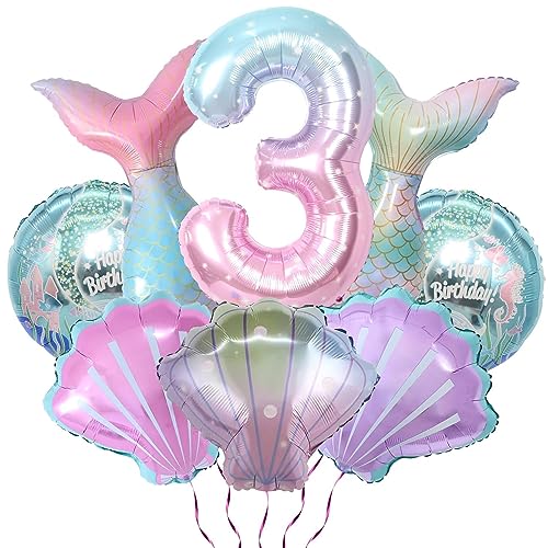 PTECDROTS Stück Meerjungfrau-Partydekorationen, Luftballons – großer Luftballon mit der Zahl 3, Folien-Meerjungfrauenschwanz-Luftballons, Muschel-Luftballons, runde Luftballons für Kinder von PTECDROTS