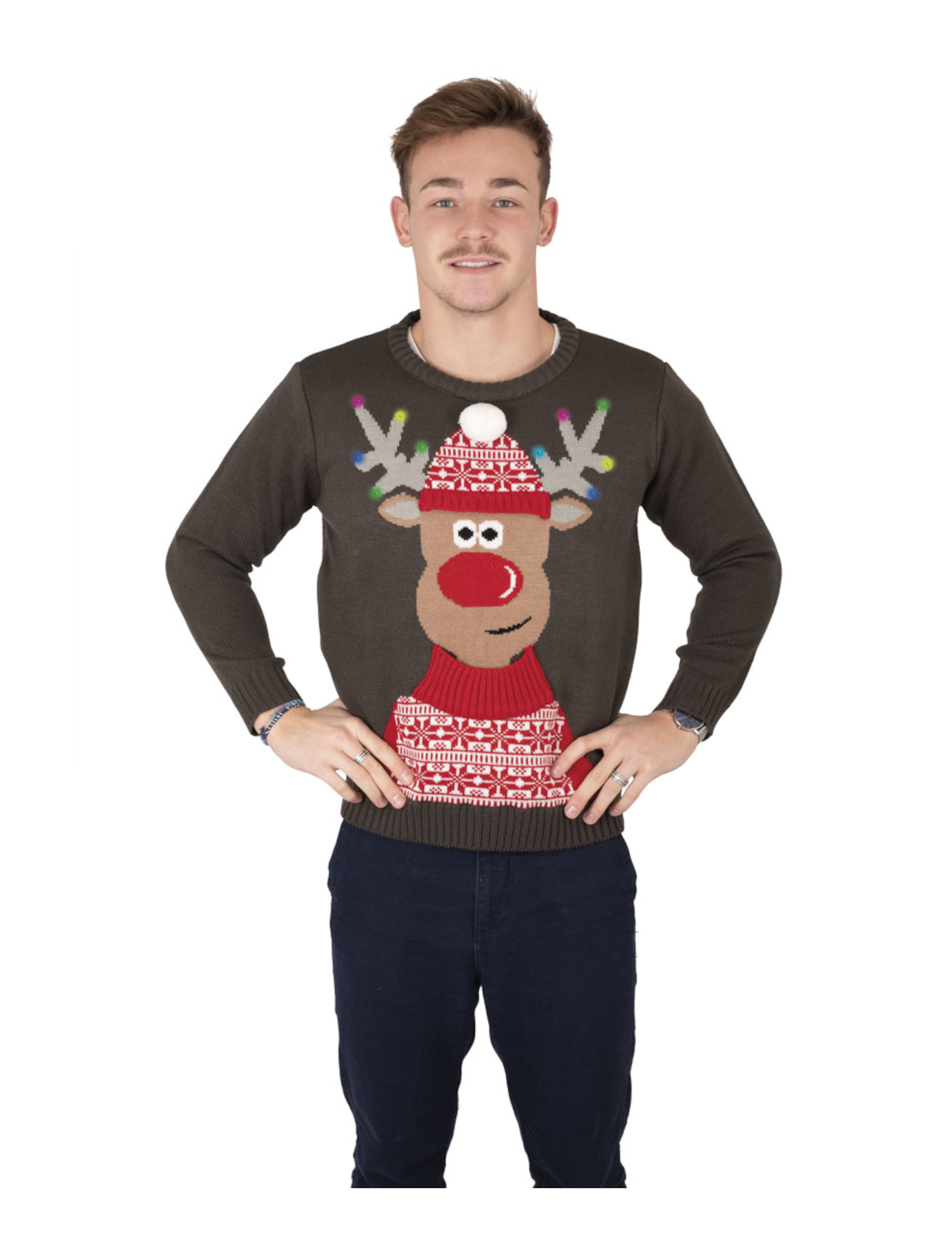Festlicher Rentier-Weihnachtspullover für Erwachsene grau-rot-weiß von PTIT CLOWN