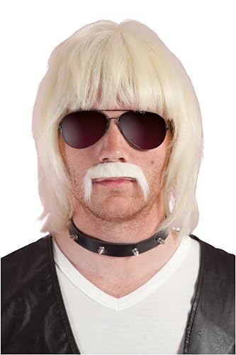 P'TIT CLOWN - 51920 – Perücke 70er, 80er Jahre, mit Schnurrbart – 70er, 80er Wig – perfekt für Karneval, Mottopartys, Kostümpartys, Kostümpartys – Kunsthaar – Erwachsene – Blond von p'tit clown