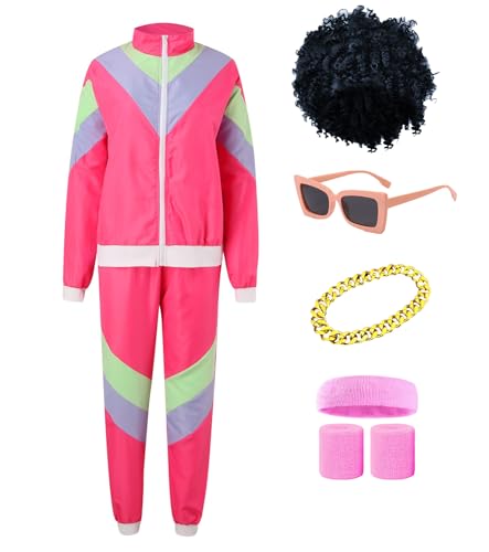 PTLLEND 80er Outfit Kostüm mit Unisex Trainingsanzug Perücke, Goldkette, Brille - für Fasching & Karneval von PTLLEND