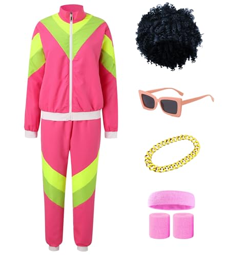 PTLLEND Outfit Kostüm mit Unisex Trainingsanzug Perücke, Goldkette, Brille für Fasching & Karneval von PTLLEND