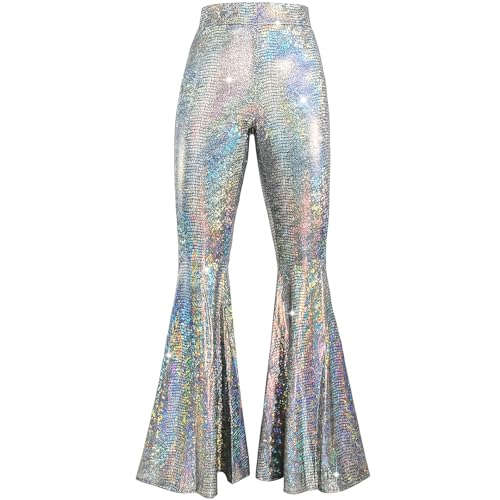 70er Jahre Damen-Hose, glitzernd, hohe Taille, weites Bein, Pailletten, elastischer Bund, ausgestellte Hose, Party, Clubwear, Größe L von PTLYE