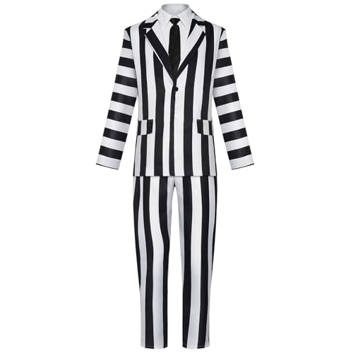 Schwarz-weiß gestreifter Anzug für Herren, Halloween, gruselige Film-Kostüme, Horror-Komödie, Cosplay, Jacke, Hose, Set, Schwarz, 3XL Schwarz-weiß gestreifter Anzug für Herren, Halloween, gruselige Film-Kostüme, Horror-Komödie, Cosplay, Jacke, Hose, Set, Schwarz, 3XL von PTLYE