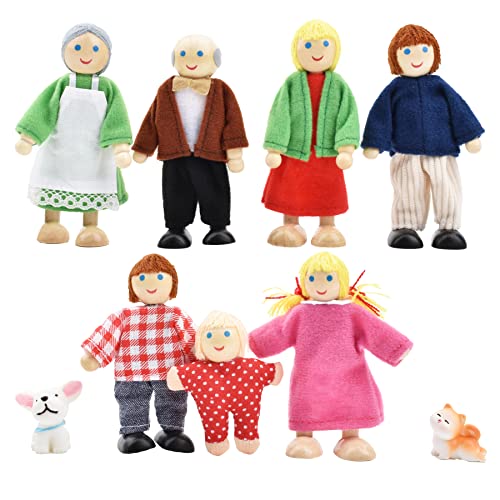 Hölzerne Puppenfamilie für Puppenhaus mit Katze und Hund, Puppenhaus Puppen Figuren Biegepuppen für Puppenhaus Zubehör Geschenk von PUCKWAY