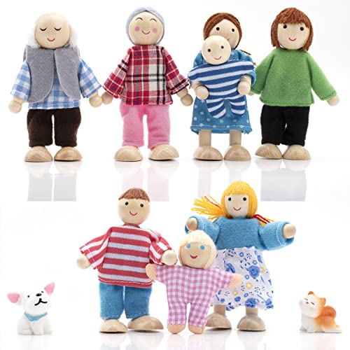 Hölzerne Puppenhaus Puppen Familie Set mit Katze und Hund, Puppenhaus Figuren für Pretend Puppenhaus Zubehör Geschenk von PUCKWAY