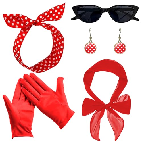 5 Stück Rockabilly Accessoires 50er Jahre, 50er Jahre Damen Kleid Zubehör, Schal, Sonnenbrille, Handschuhe, Polka Dots Stirnband, Ohrstecker, 1950s Kostüm Set für Karneval Retro Fasching Mottoparty von PUERFOCA