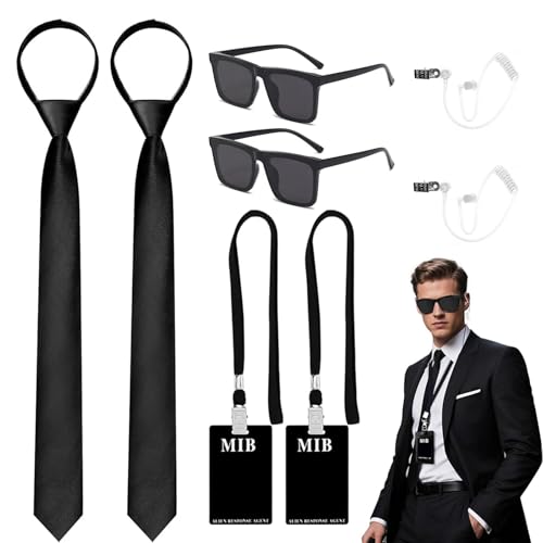 8 Pcs Agent Accessoires Set, Agent Kostüm Zubehör with Sunglasses Tie Card Holder Earpiece Tube, Geheimdienst Kostüm Set für Dress Up Role Play Film Party Erwachsene Halloween Cosplay von PUERFOCA