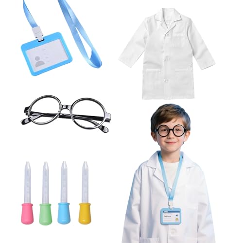 PUERFOCA 7 Stück Kinder Wissenschaftler Kostüm, Arztkitel Laborkittel mit Brillen Arbeitskarte Tropfer, Arzt Kostüm Für Fasching Halloween Cosplay Party Geschenke von PUERFOCA