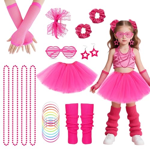 PUERFOCA 80er 90er Jahre Outfit Damen, 21 Stück Kostüm Accessoires Set mit Stirnband Ohrring Halskette Brille Tutu, Retro Party Accessoires Für Karneval Cosplay Party 80er Kleidung Mädchen Kinder von PUERFOCA