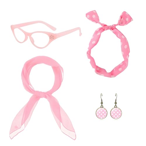 Rockabilly Accessoires 50er Jahre, 4 Stück Kostüm Damen Zubehör mit Schal Handschuhe Polka Dots Stirnband Katzen Auge Brille, Kleidung Vintage Zubehör für Retro Accessoires Karneval von PUERFOCA