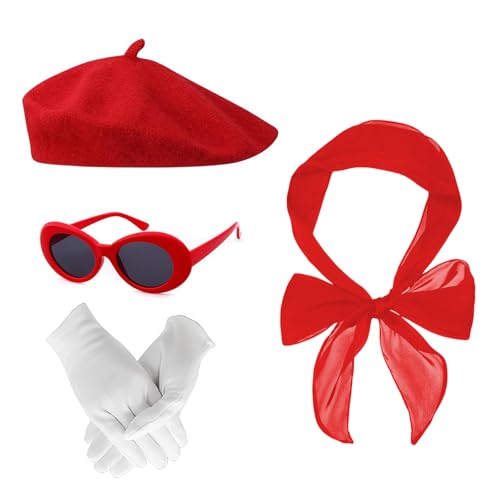 Rockabilly Accessoires Damen, 4 Stück 1950s Französisches Kleid Zubehör, Kostüm Set mit Schal, Baskenmütze, Sonnenbrille, Handschuhe, Retro Teily Party, Fasching Accessoires für Karneval, Cosplay von PUERFOCA