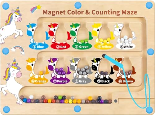 PULASIDO Magnetspiel Labyrinth Montessori Spielzeug ab 3 4 5 6 7 Jahre, Motorikspielzeug Holzspielzeug Zahlen Farben Lernen Sortierspiel Magnet Spielzeug Kinder Einhorn Geschenk für Mädchen Junge von PULASIDO