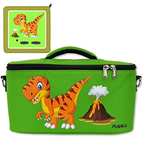 PUNALU Tasche für Toniebox inkl. Schutzfolie passend für Toniebox, Platz für 30 Tonies, Ladegerät und Kopfhörer, Set Toniebox Tasche + Toniebox Aufkleber (grün Dinosaurier T-Rex) von PUNALU