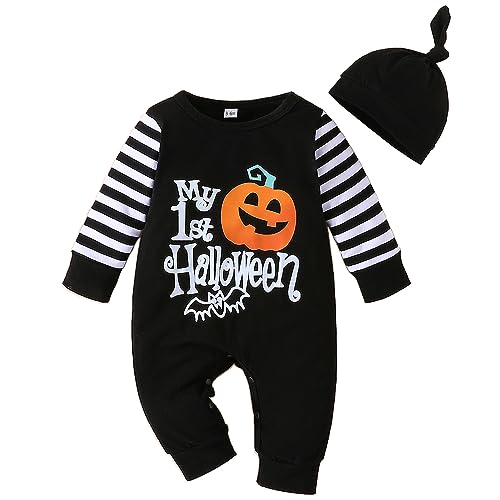 PUPYGIYUC Baby Kürbis Kostüm Baby Kürbis Strampler mit Hut Baby Halloween Kostüme Unisex Schwarz 6-9 Monate von PUPYGIYUC