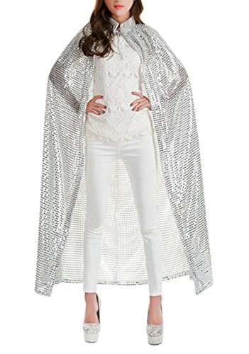 PURFUN Langer Damen-Umhang mit glänzenden Pailletten, Hexenkostüm, Robe, Weihnachtsumhang, silber, Einheitsgröße von PURFUN