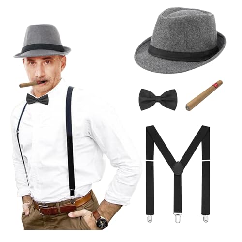 PURFUN Gangster-Kostüm-Zubehör-Set für Herren, Vintage-Stil, Filz, Fedora, Panama-Hut, Fliege, Hosenträger, gefälschte Zigarrenanzug, Outfits, 4 Stück, grau, Einheitsgröße PURFUN Gangster-Kostüm-Zubehör-Set für Herren, Vintage-Stil, Filz, Fedora, Panama-Hut, Fliege, Hosenträger, gefälschte Zigarrenanzug, Outfits, 4 Stück, grau, Einheitsgröße von PURFUN