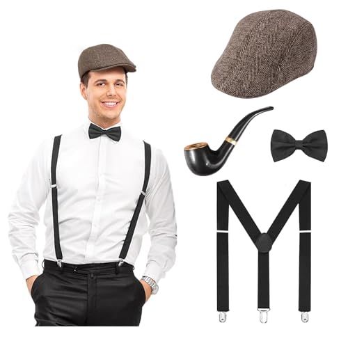 PURFUN Gangster-Kostüm-Zubehör-Set für Herren, Vintage-Stil, Filz, Fedora, Panama-Hut, Fliege, Hosenträger, gefälschte Zigarrenanzug, Outfits, 4 x Kaffee, Einheitsgröße PURFUN Gangster-Kostüm-Zubehör-Set für Herren, Vintage-Stil, Filz, Fedora, Panama-Hut, Fliege, Hosenträger, gefälschte Zigarrenanzug, Outfits, 4 x Kaffee, Einheitsgröße von PURFUN