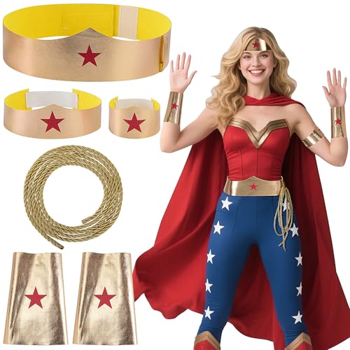 5 Stück/Set Frau des Wundersterns Kostümzubehör, Halloween-Wunder-Cosplay-Zubehör, Frau des Helden, goldene Tiara-Manschetten, Armband, Gürtel, Lasso-Set für Erwachsene, Rollenspiele, Halloween-Party von PURPLE STAR 1N