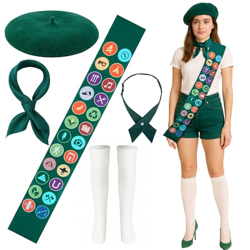 5-teiliges Halloween-Pfadfinder-Kostüm-Set für Damen und Mädchen, Pfadfinder-Kostüm-Zubehör, grüne Pfadfinder-Schärpe, Schal, Baskenmütze, Fliege, Socken, Outfit für Halloween, Rollenspiele 5-teiliges Halloween-Pfadfinder-Kostüm-Set für Damen und Mädchen, Pfadfinder-Kostüm-Zubehör, grüne Pfadfinder-Schärpe, Schal, Baskenmütze, Fliege, Socken, Outfit für Halloween, Rollenspiele von PURPLE STAR 1N
