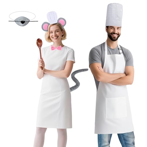 PURPLE STAR 1N Halloween-Koch-Maus-Kostüm-Set, Cartoon-Ratte und Chefkoch, Cosplay-Kostüm, Maus-Stirnband, Nasenlöffel, 6 Stück/8 Stück, Grau, Rosa, Weiß, Standard von PURPLE STAR 1N