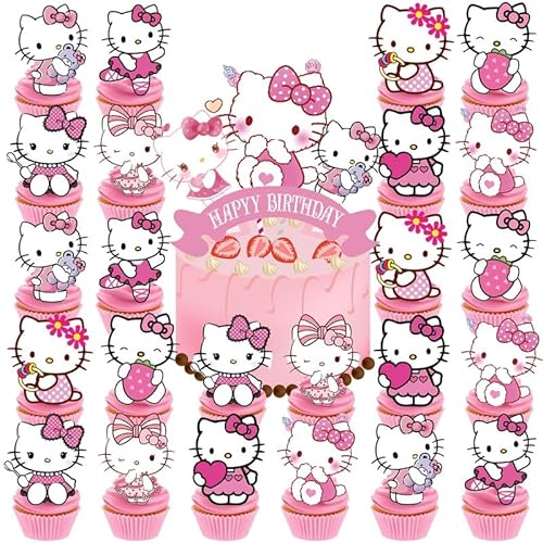 25 Stück Rosa Katze Kuchendecko – 1x Happy Birthday Torten Topper & 24x Cupcake Topper,Süße Anime Partydeko für Kindergeburtstag, Mädchen Motto Party von PUTUODA