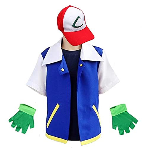 PUYYDS Männer Anime Blaue Jacke Jungen Mädchen Ash Ketchum Cosplay Kostüm für Halloween Frauen Trainer Mütze und Handschuhe Verstellbare Baseballmütze PUYYDS Männer Anime Blaue Jacke Jungen Mädchen Ash Ketchum Cosplay Kostüm für Halloween Frauen Trainer Mütze und Handschuhe Verstellbare Baseballmütze von PUYYDS