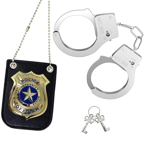 PVFZXS 3 Pcs Handschellen Kinder, Polizei Abzeichen Zubehör Set für Cosplay Polizist Kostüm von PVFZXS