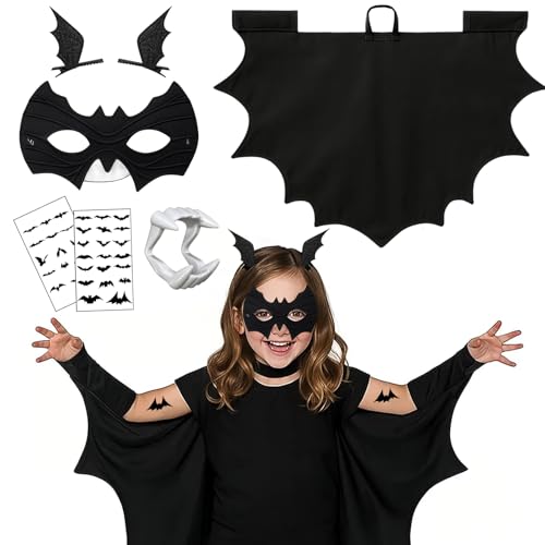 Fledermaus Kostüm Kinder, 6-teiliges Fledermaus Halloween Kostüm Set, Vampir Zähne und Cape, Faschingskostüm für Mädchen und Jungen, Halloween und Karneval Rollenspiel Partys Fledermaus Kostüm Kinder, 6-teiliges Fledermaus Halloween Kostüm Set, Vampir Zähne und Cape, Faschingskostüm für Mädchen und Jungen, Halloween und Karneval Rollenspiel Partys von PWCTNT