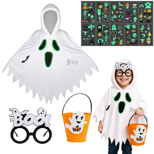 Geisterkostüm Kinder, 13 teilig Halloween Kostüm Kinder, mit Geister Umhang, Süßigkeiteneimer,Brille,Tattoo-Aufkleber,Ideal für Halloween Partys und Trick-or-Treating,Karneval Kostüm Party Geisterkostüm Kinder, 13 teilig Halloween Kostüm Kinder, mit Geister Umhang, Süßigkeiteneimer,Brille,Tattoo-Aufkleber,Ideal für Halloween Partys und Trick-or-Treating,Karneval Kostüm Party von PWCTNT