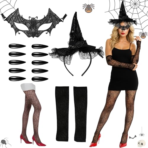 PWCTNT Hexenkostüm Damen 14 Stück,Halloween Kostüm Damen,Halloween Kostüm Damen Hexe Inklusive Hexenhut Maske Strümpfe Nails,Hexen Zubehör für Karneval Halloween und Cosplay PWCTNT Hexenkostüm Damen 14 Stück,Halloween Kostüm Damen,Halloween Kostüm Damen Hexe Inklusive Hexenhut Maske Strümpfe Nails,Hexen Zubehör für Karneval Halloween und Cosplay von PWCTNT