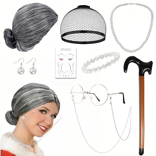Oma Kostüm, 9 Stück Set Rentner Kostüm mit Oma Perücke Brillen Brillenketten Perlenohrringe Armbänder Halsketten Spazierstöcke Aufkleber Haarnetze, Oma Kostüm Alte Frau für Cosplay Halloween Karneval Oma Kostüm, 9 Stück Set Rentner Kostüm mit Oma Perücke Brillen Brillenketten Perlenohrringe Armbänder Halsketten Spazierstöcke Aufkleber Haarnetze, Oma Kostüm Alte Frau für Cosplay Halloween Karneval von PWCTNT